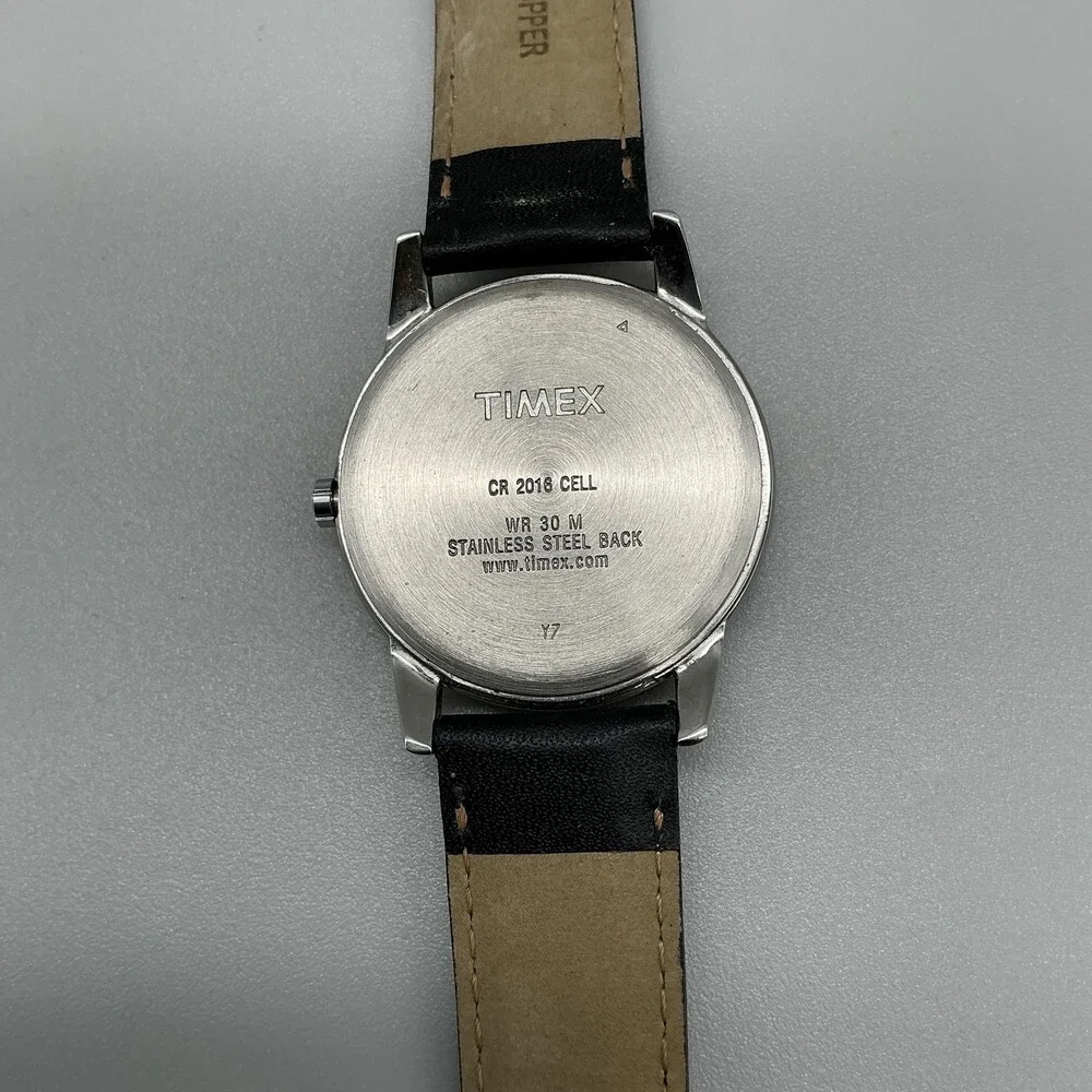 Timex Indiglo Mens Watch 35mm White Dial Black Leather Date New Battery